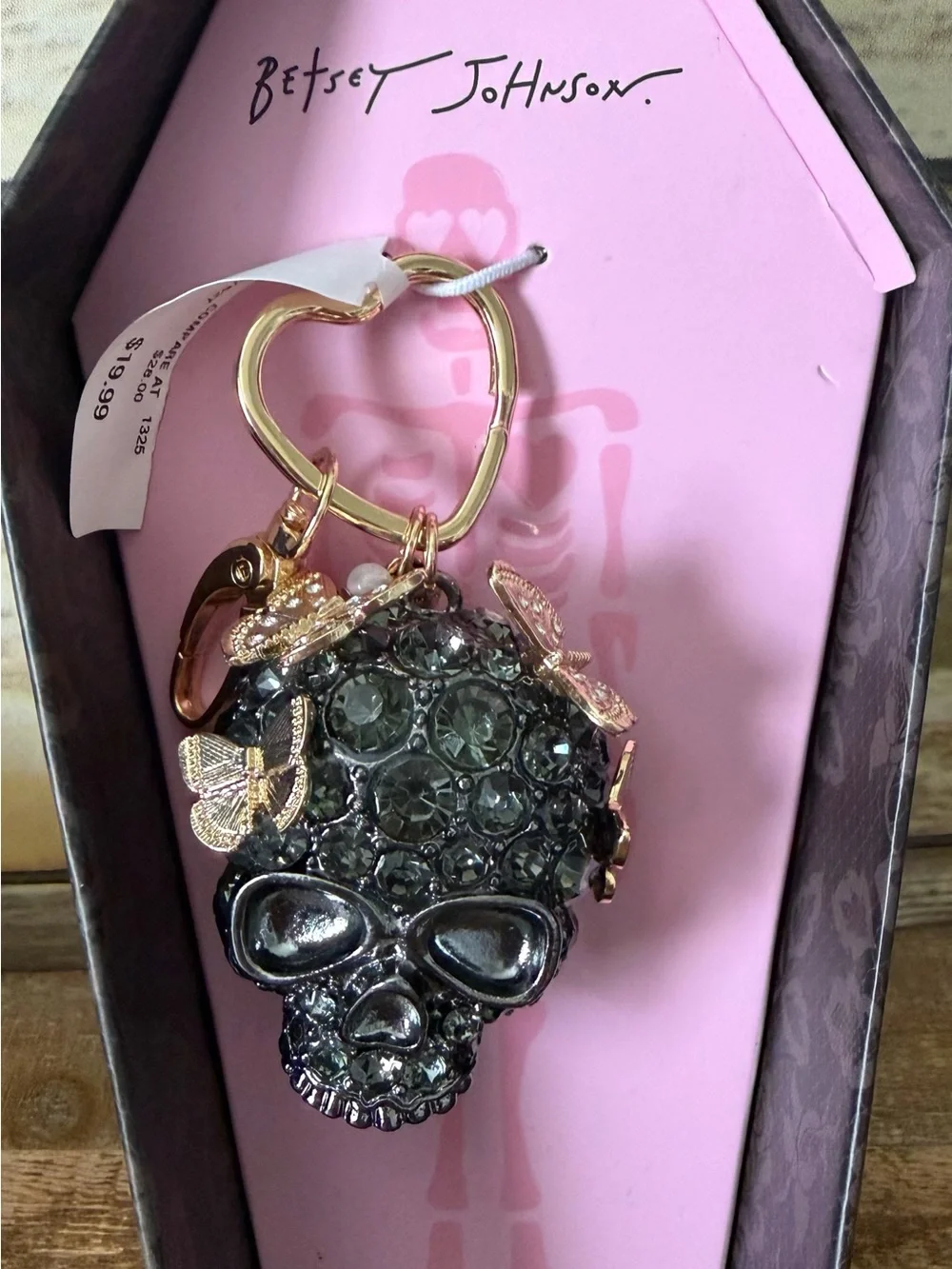 Betsey Johnson Black Crystal Skull Keyring with Gold Butterfly Accents